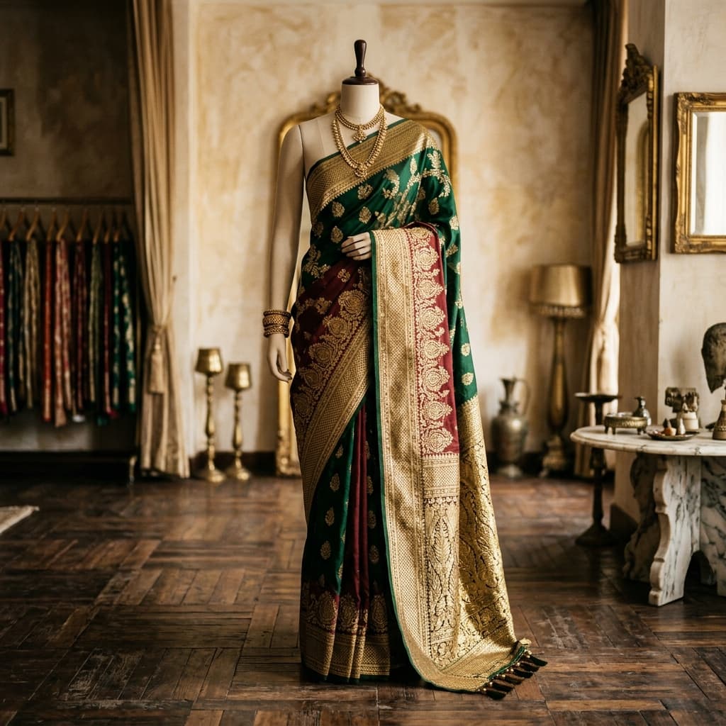 ABHI-MOH Haute Couture Saree on Mannequin in Vintage Luxury Studio