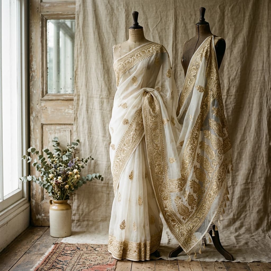 Monsoon Organza Saree in Sheer Mist